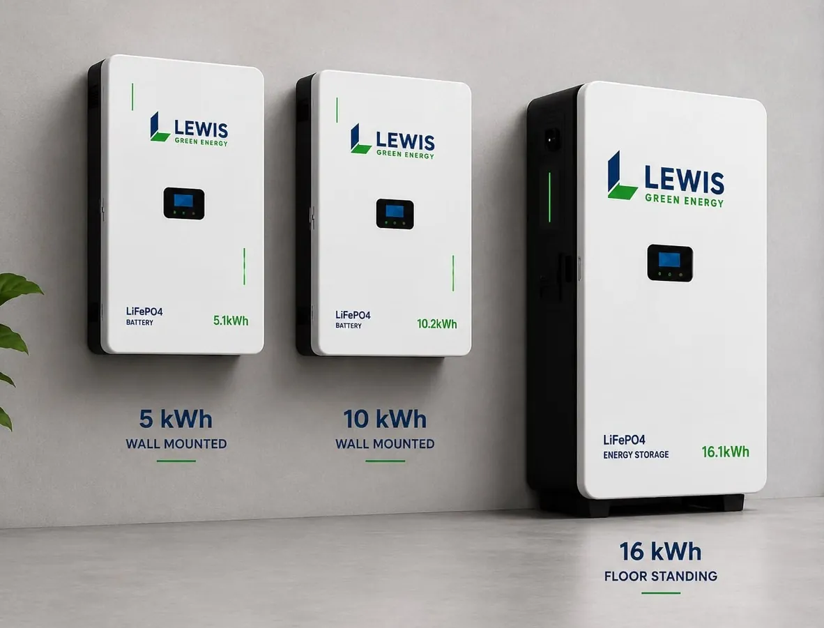 The Lewis TerraVault range – 5 kWh and 10 kWh wall-mounted units alongside a 16 kWh floor-standing cabinet
