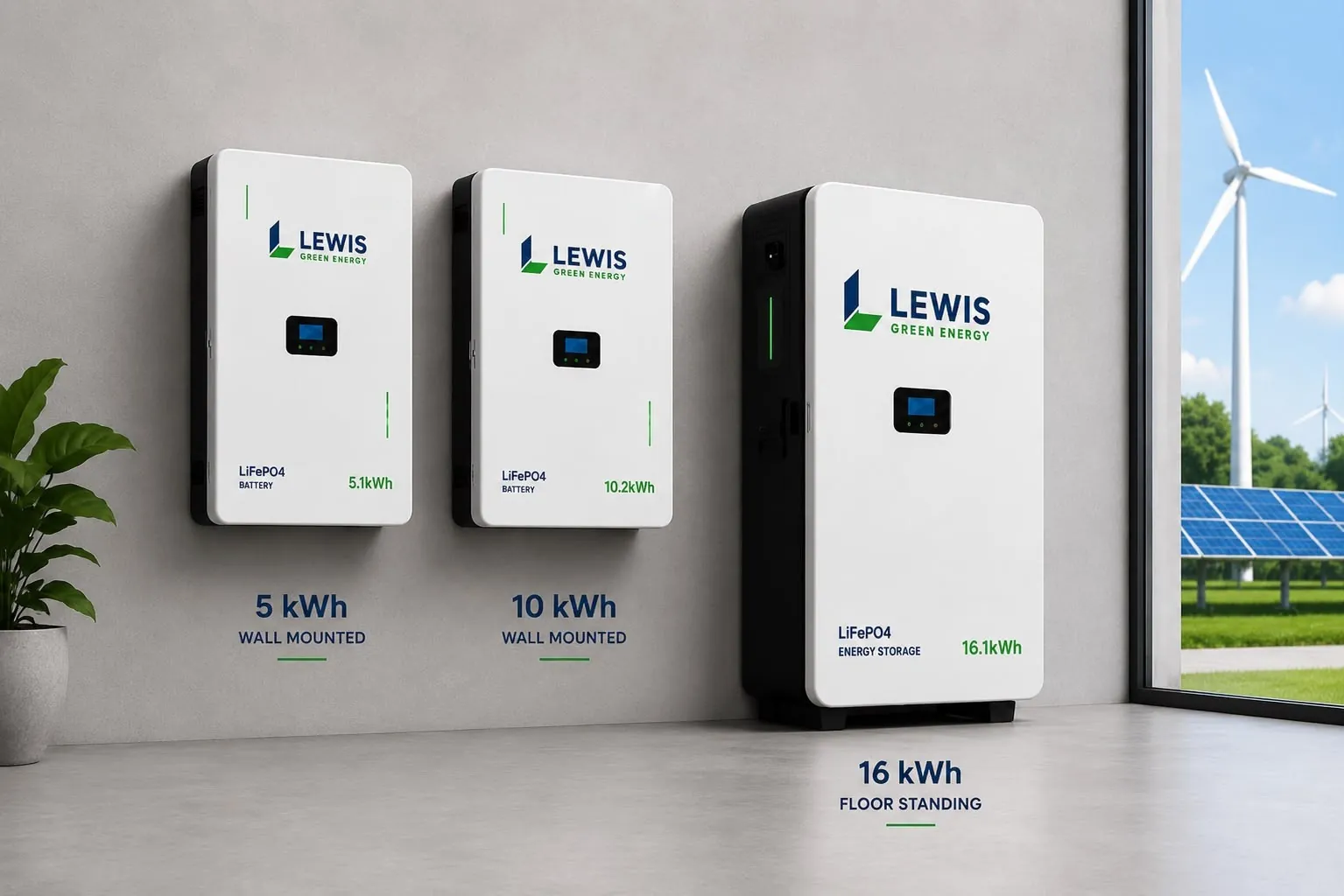 The Lewis TerraVault battery range: 5 kWh and 10 kWh wall-mounted units and a 16 kWh floor-standing unit