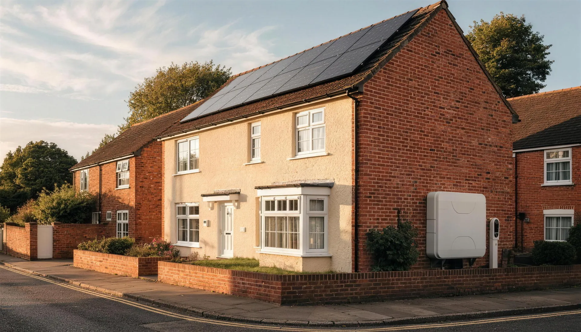 Two-storey home with rooftop solar panels and a wall-mounted battery at golden hour