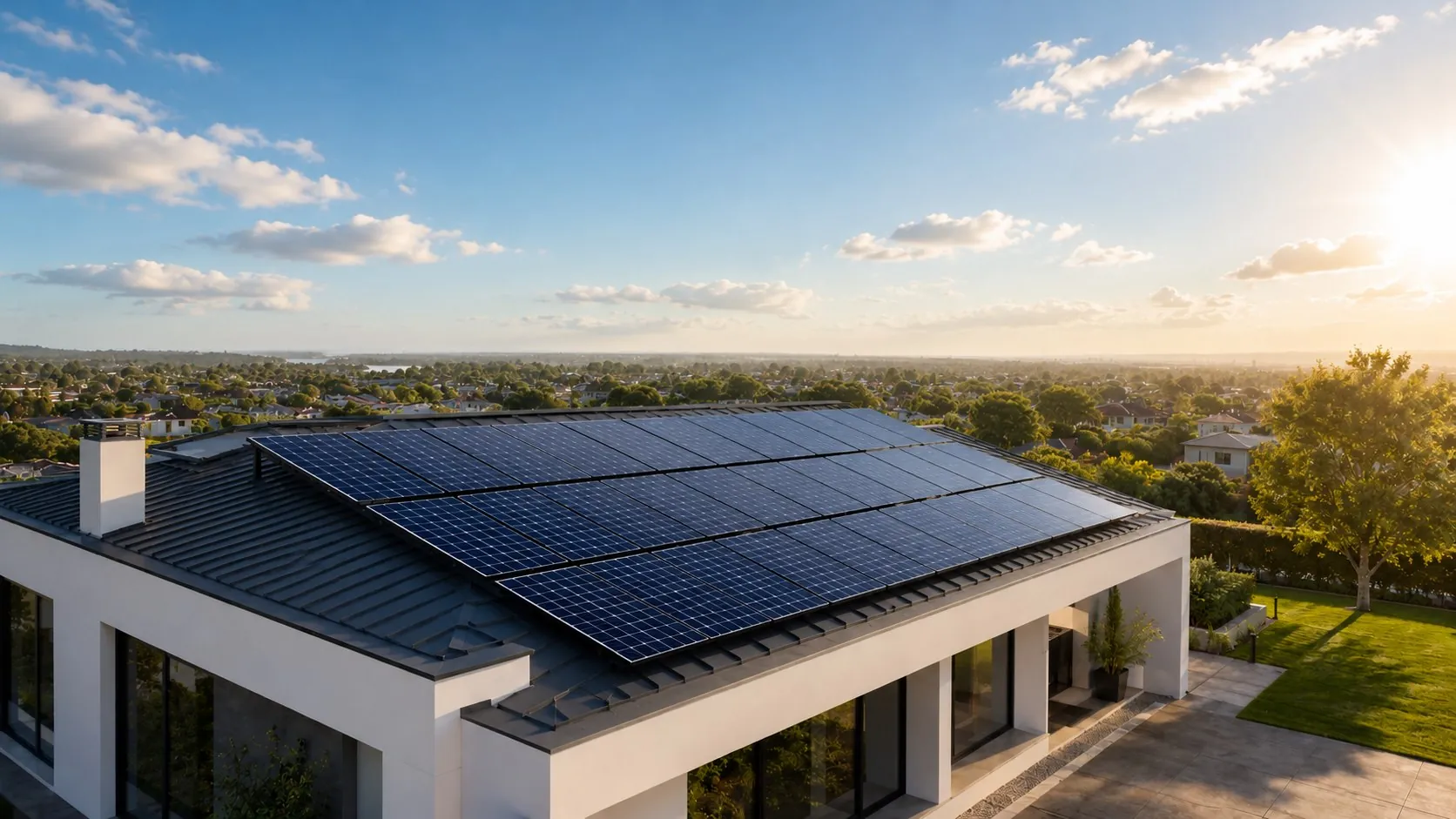 Rooftop solar panels on a modern home, a complete Lewis solar installation
