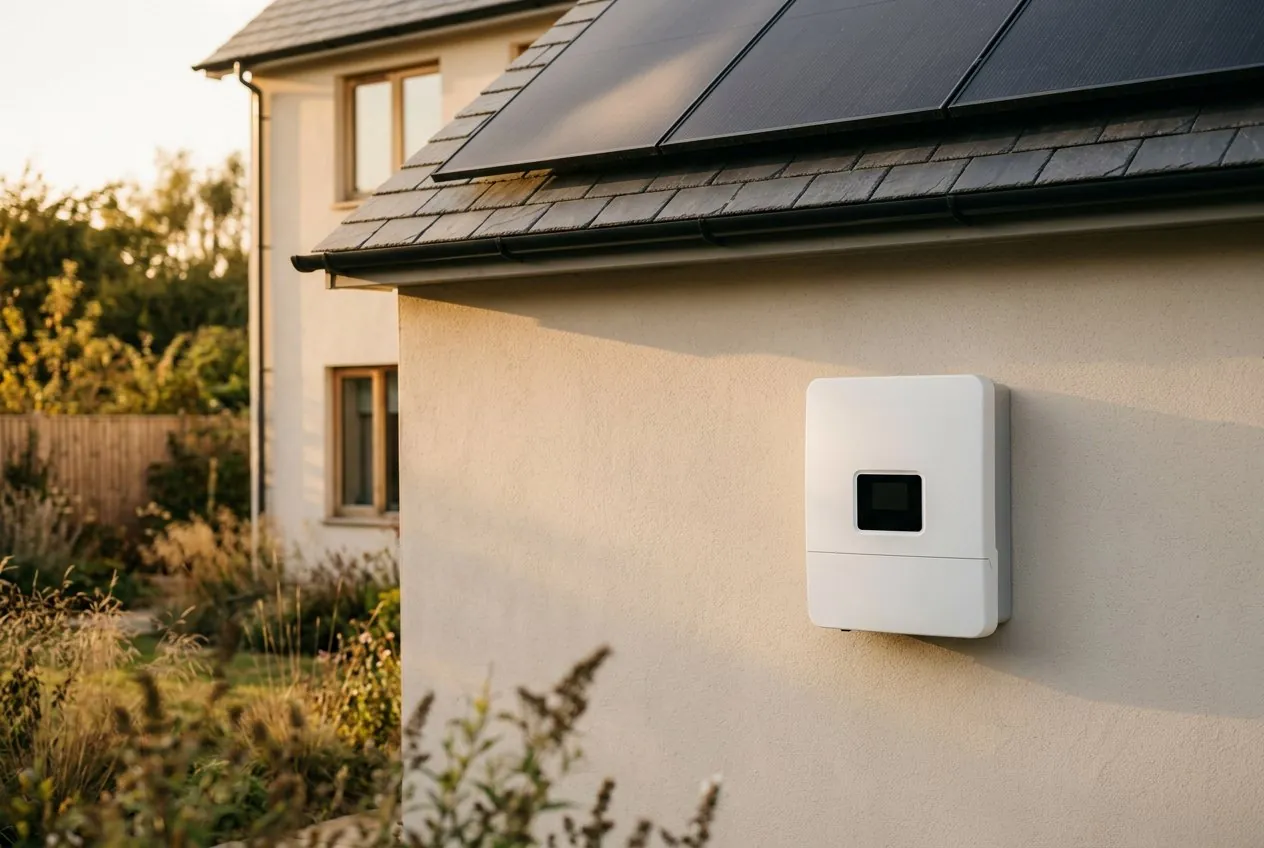 An on-grid solar inverter (Lewis GridMax) wall-mounted beside a home with rooftop solar panels