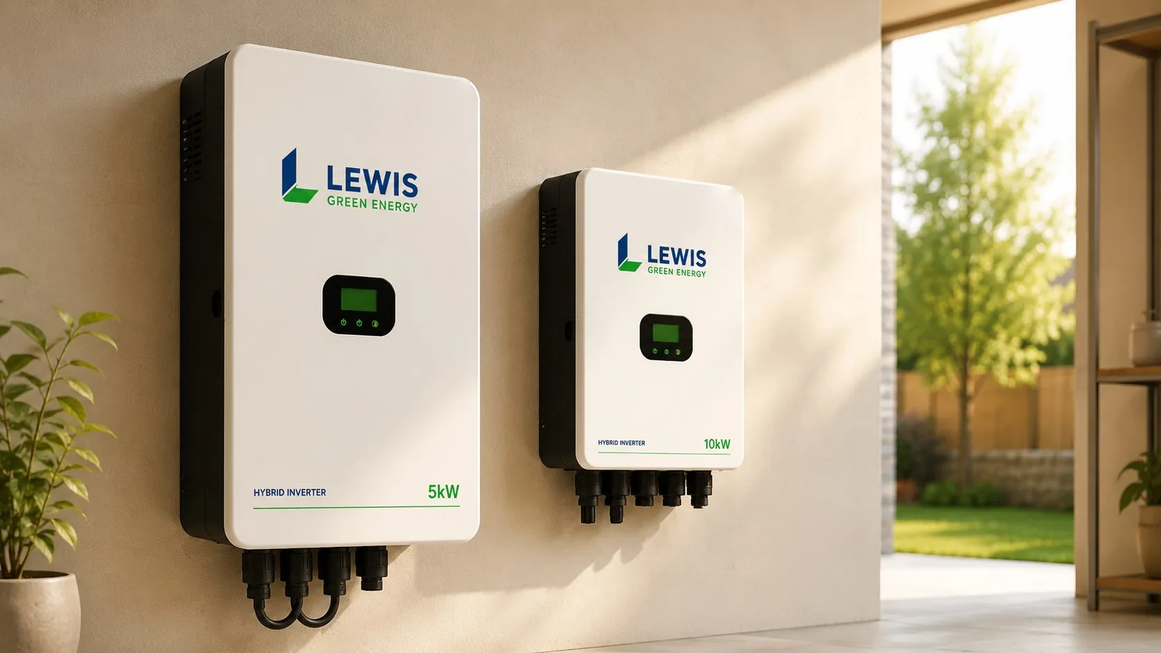 Two wall-mounted Lewis hybrid solar inverters, 5 kW and 10 kW