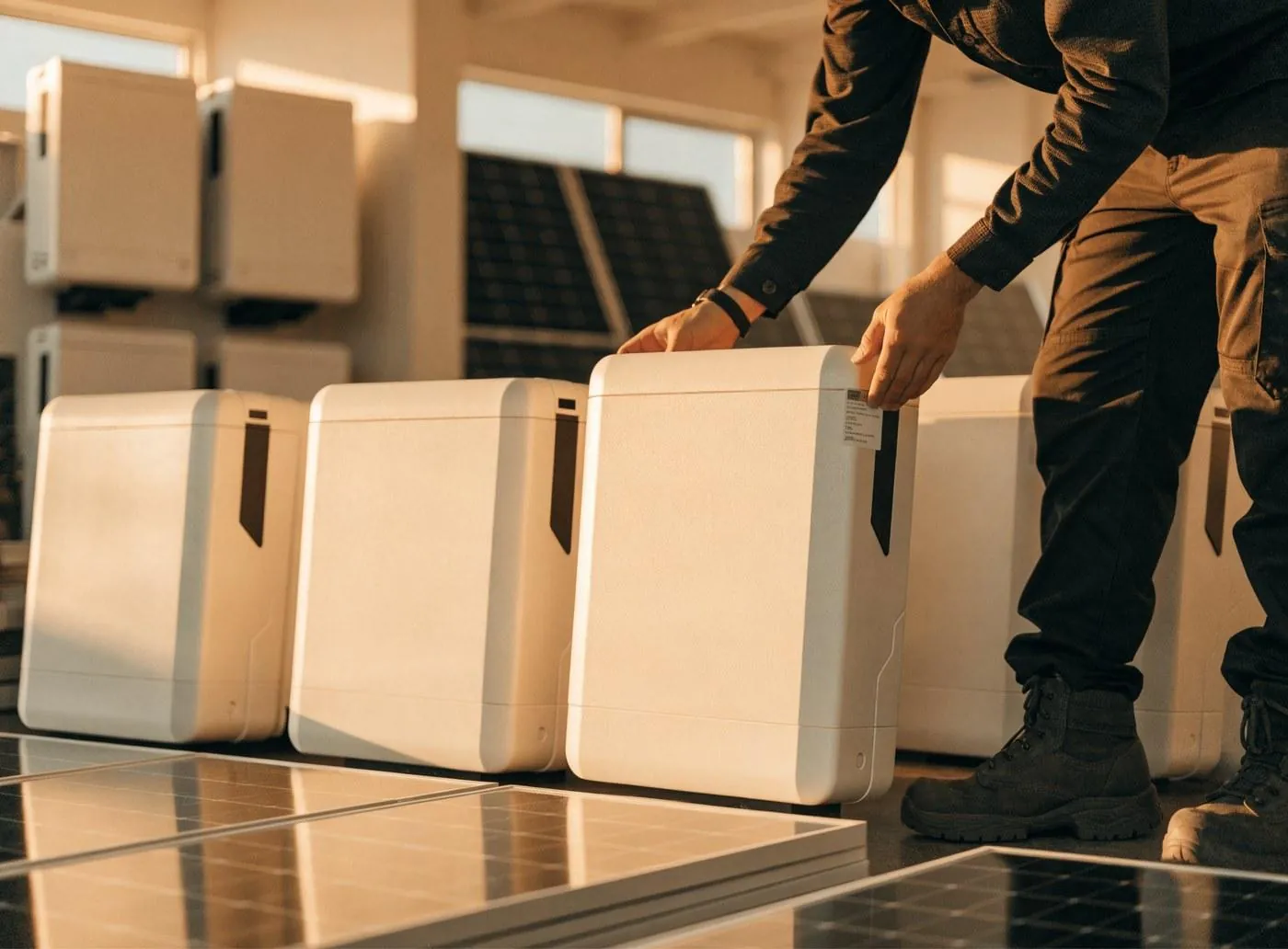 Technician checking Lewis battery units and solar panels before installation