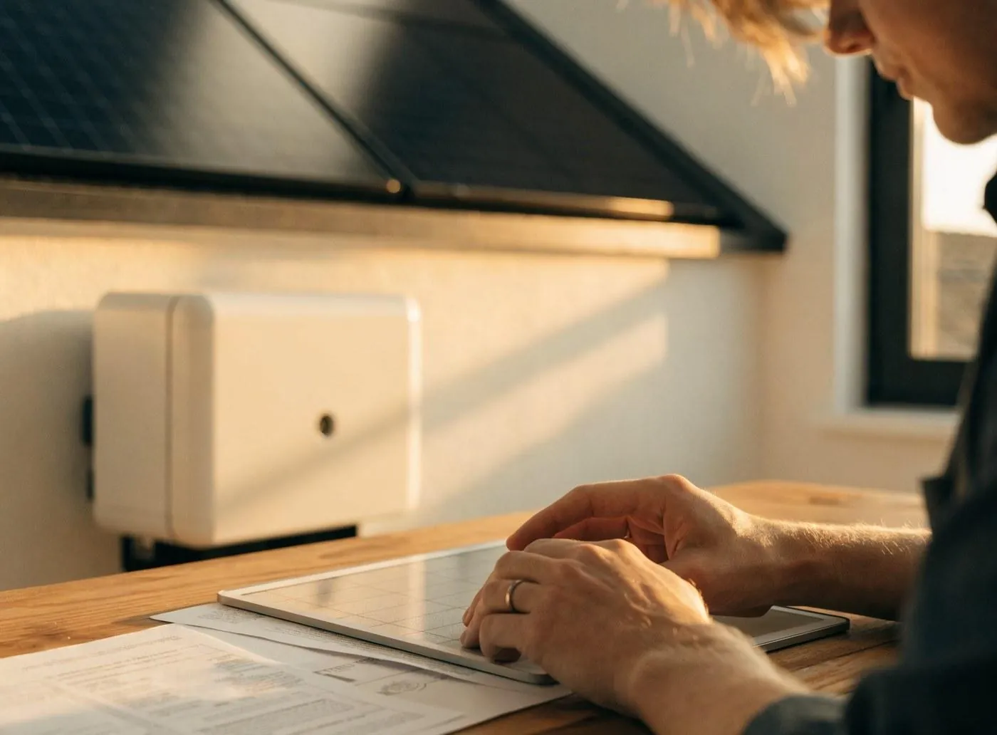 Engineer reviewing solar system documents on a tablet, as when checking a solar quotation