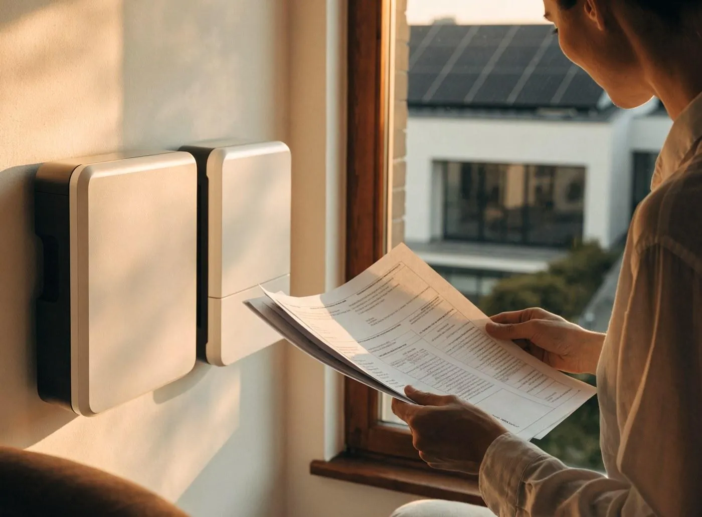 Solar maintenance visit: reviewing service records beside a wall-mounted battery and inverter