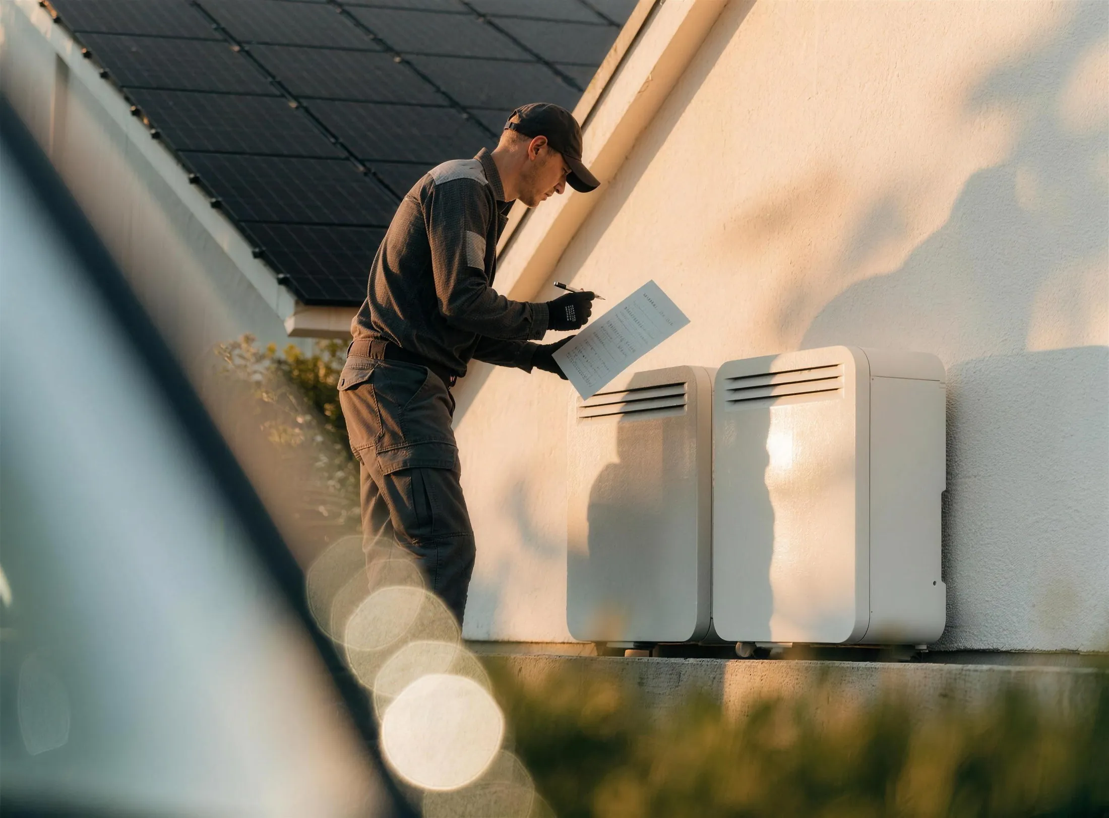 A Lewis engineer carrying out a scheduled maintenance visit on a rooftop solar installation