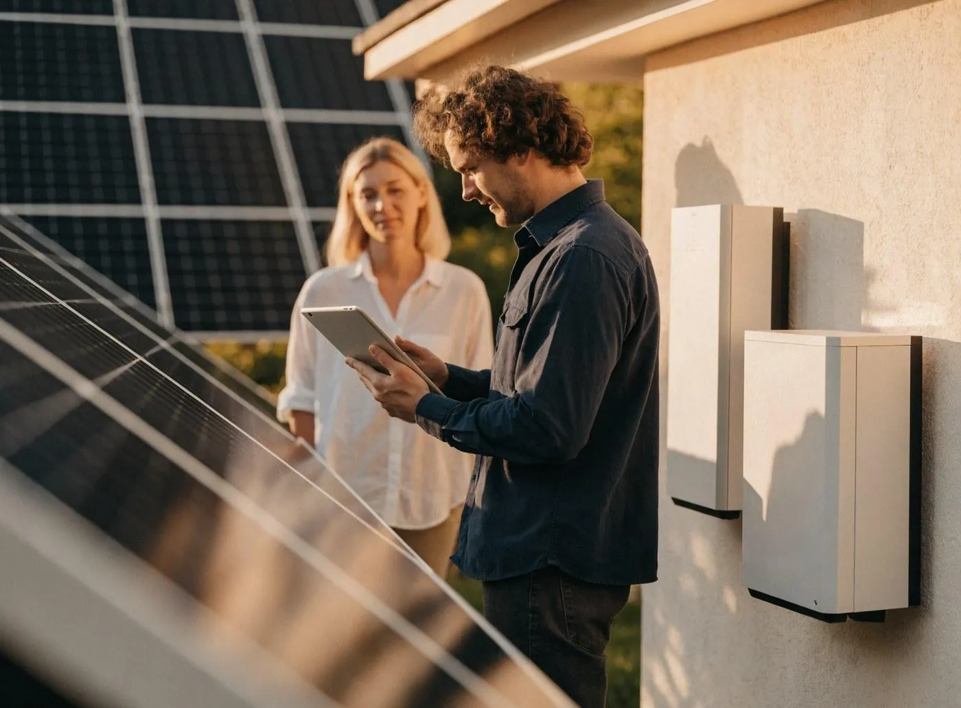 Technician explaining a solar system design to a client