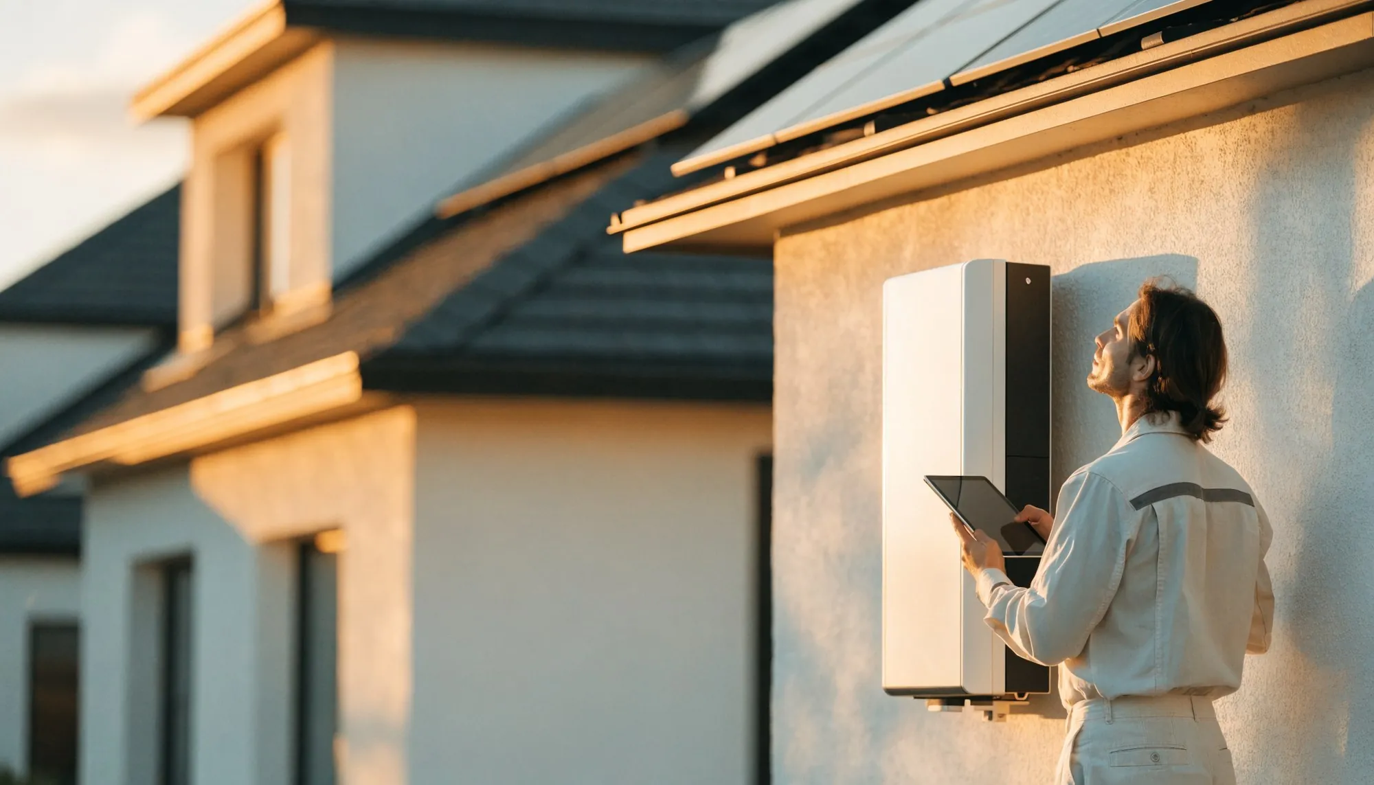 Solar backup for power cuts: a Lewis Green Energy engineer reviewing a home battery and hybrid inverter system