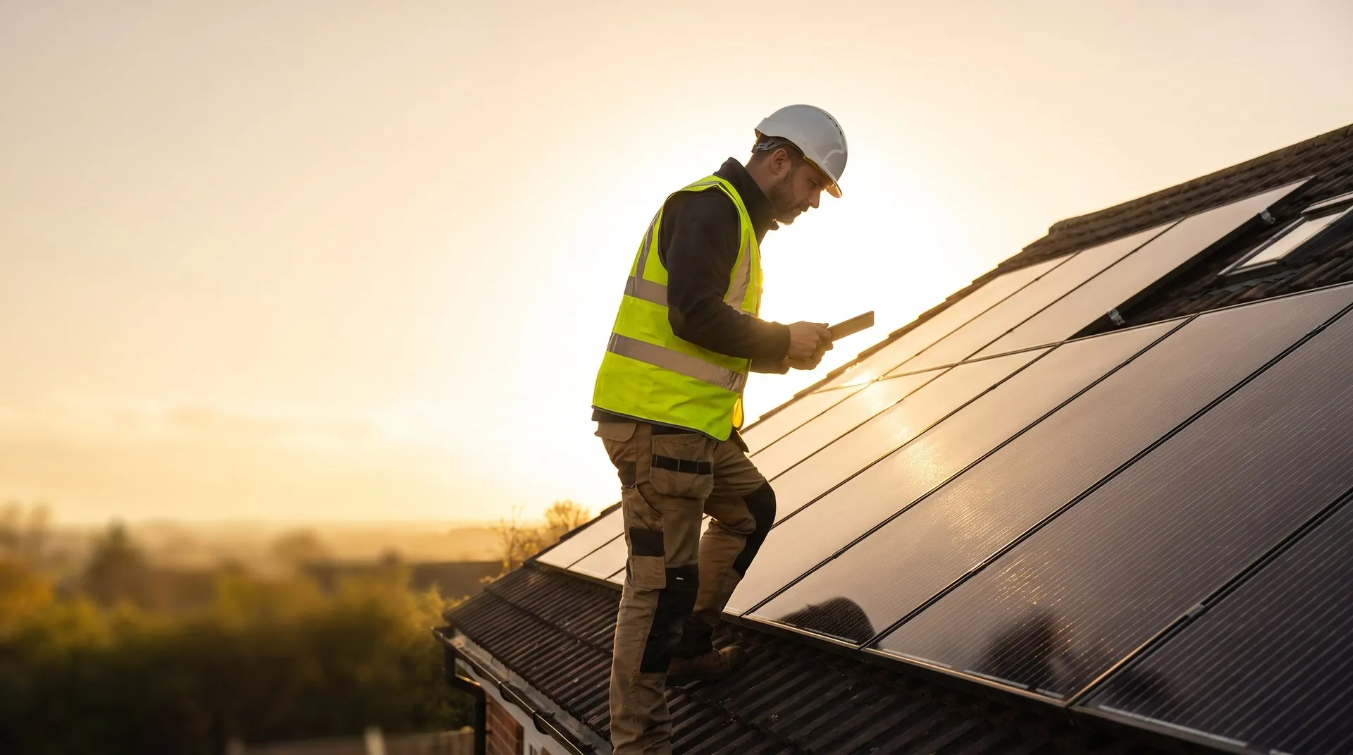 Lewis engineer in safety gear checking rooftop solar panels