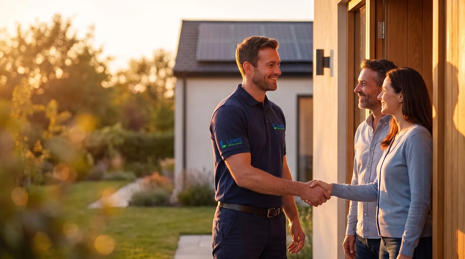 Lewis team member shaking hands with homeowners at their front door